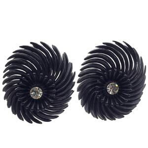 Black Pinwheel Clip On Earrings Flexible Plastic Rhinestone MCM Vintage 50s 60s